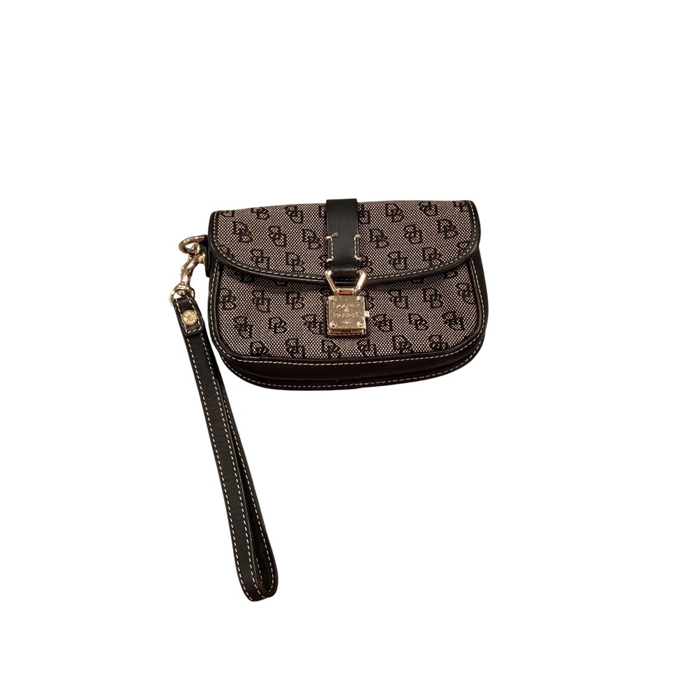 Dooney & Bourke Signature Monogram Wristlet Black Cream Canvas Leather Trim